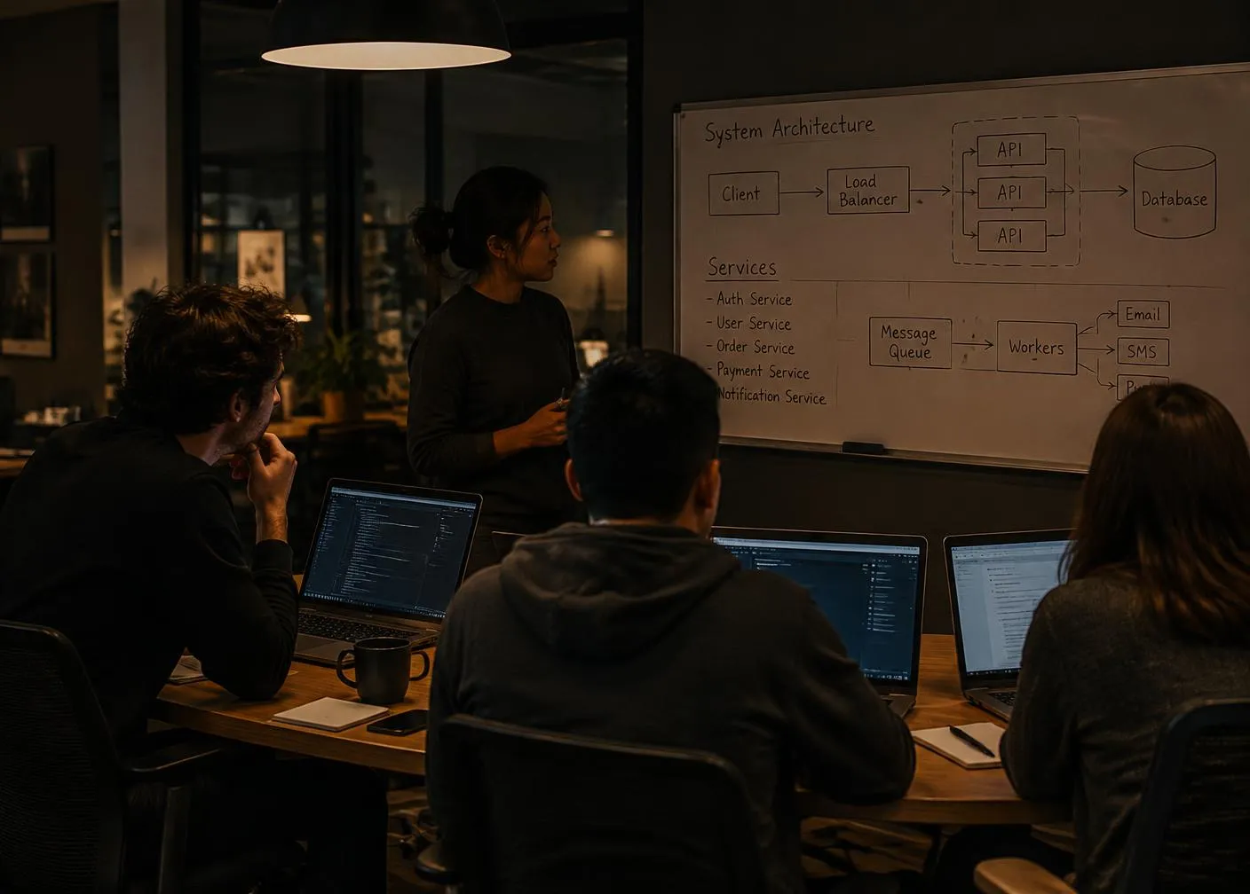 Team of engineers reviewing system architecture together